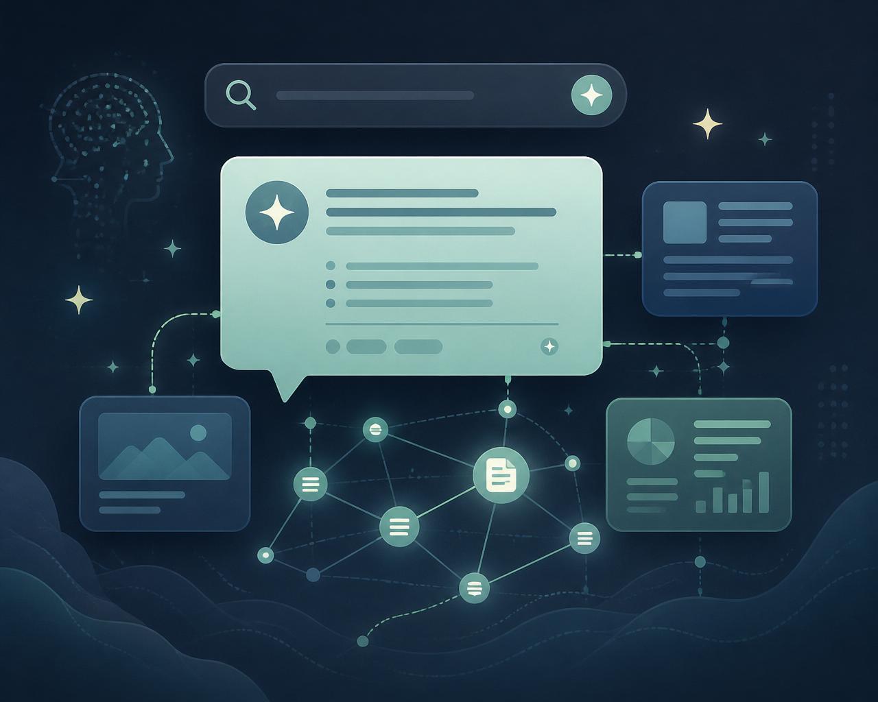 Conceptual illustration of AI answer engines and generative search citing web content sources