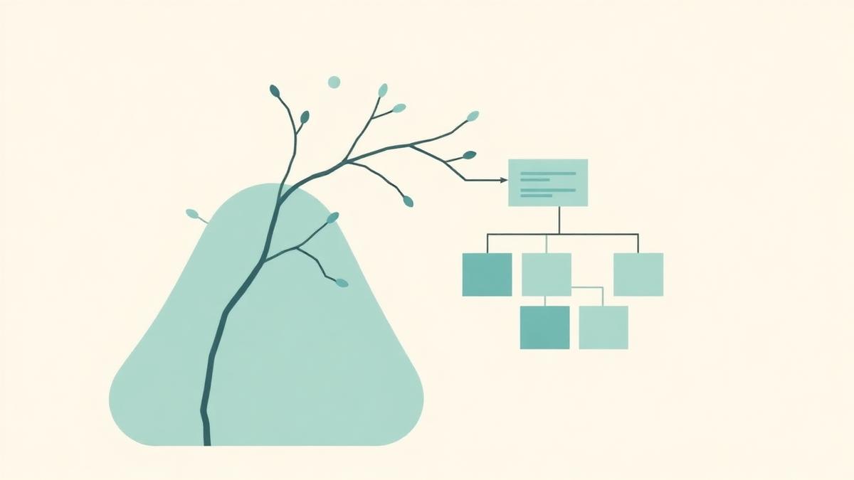 Abstract diagram of a site architecture tree connecting into a content hub cluster of cards, slate-blue and sage-teal palette