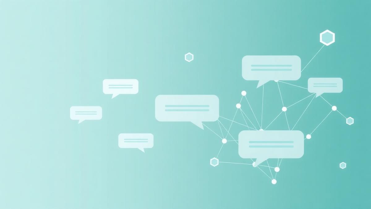 Abstract illustration of AI chat interfaces connected by an entity network graph in slate-blue and sage-teal tones