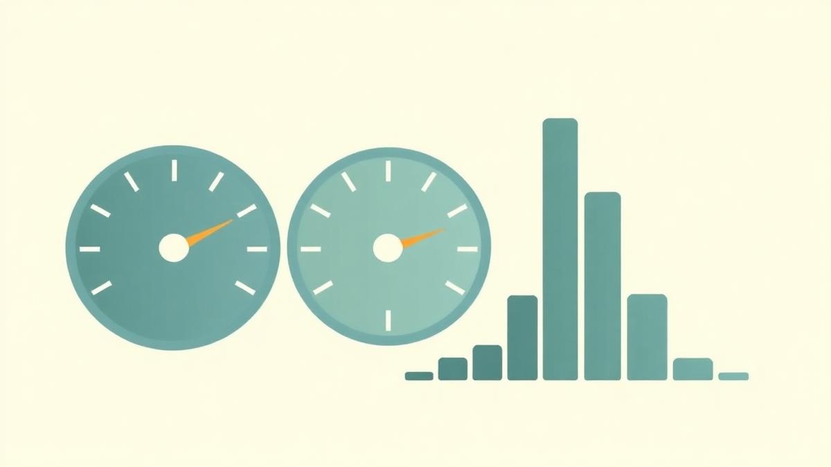 Abstract performance gauges beside a loading waterfall bar chart representing web vitals thresholds, slate-blue and sage-teal palette