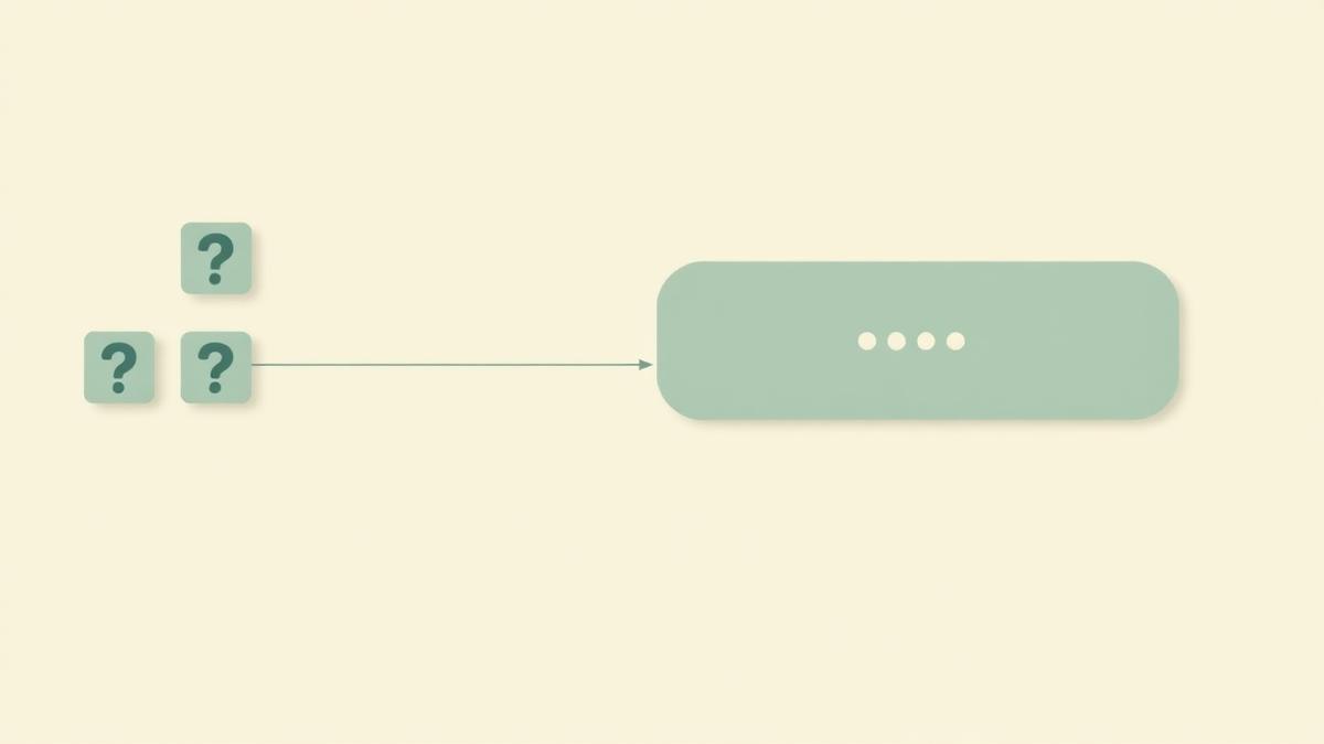 Abstract diagram of question tiles connecting into a single generated answer panel with citation dots, slate-blue and sage-teal palette