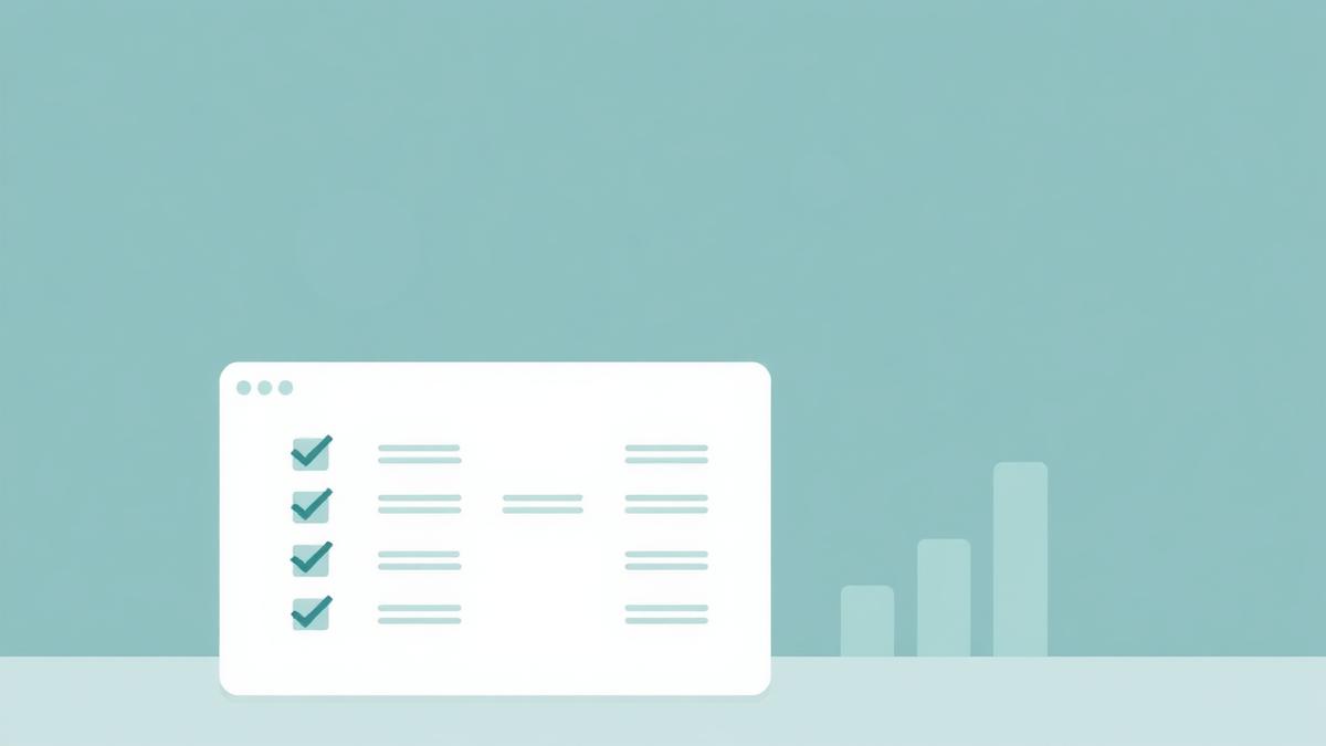 Abstract technical SEO audit dashboard with checkmark rows and small bar chart, slate-blue and sage-teal illustration