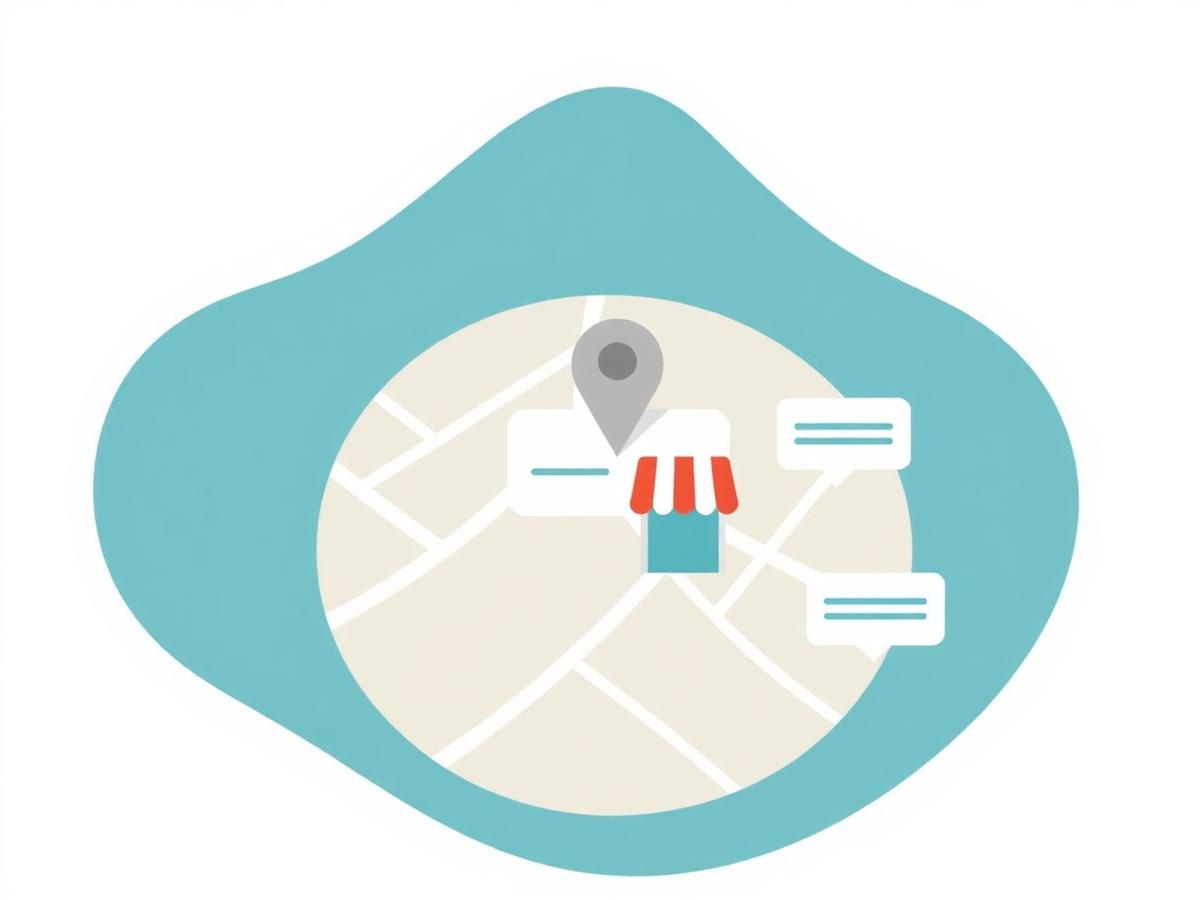 Abstract map with a location pin, storefront, and review bubbles illustrating Google Business Profile optimization