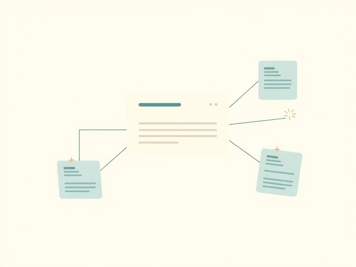 Abstract chat interface connected to source document cards with sparkle glows illustrating AI search citations