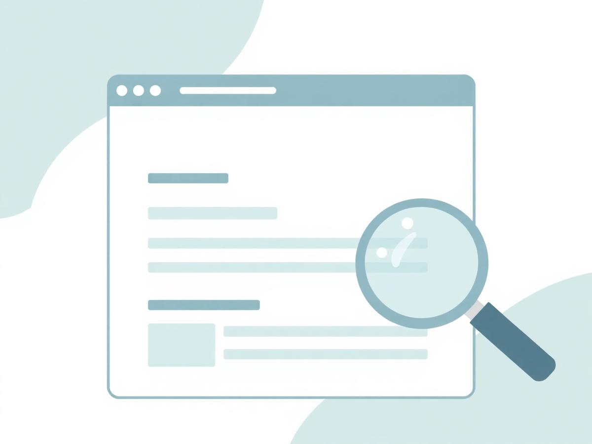 Abstract illustration of an on-page SEO audit — browser window with structured content blocks and a magnifying glass