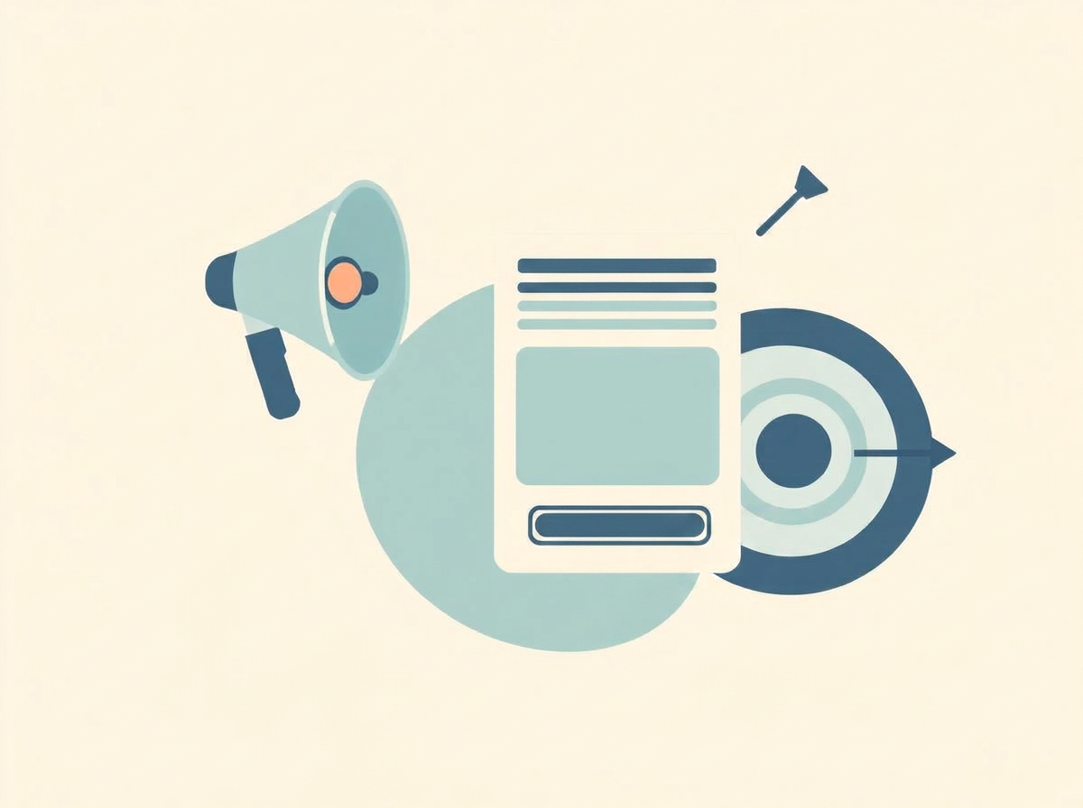 Abstract megaphone, ad card, and target bullseye illustrating paid search and social ad campaigns
