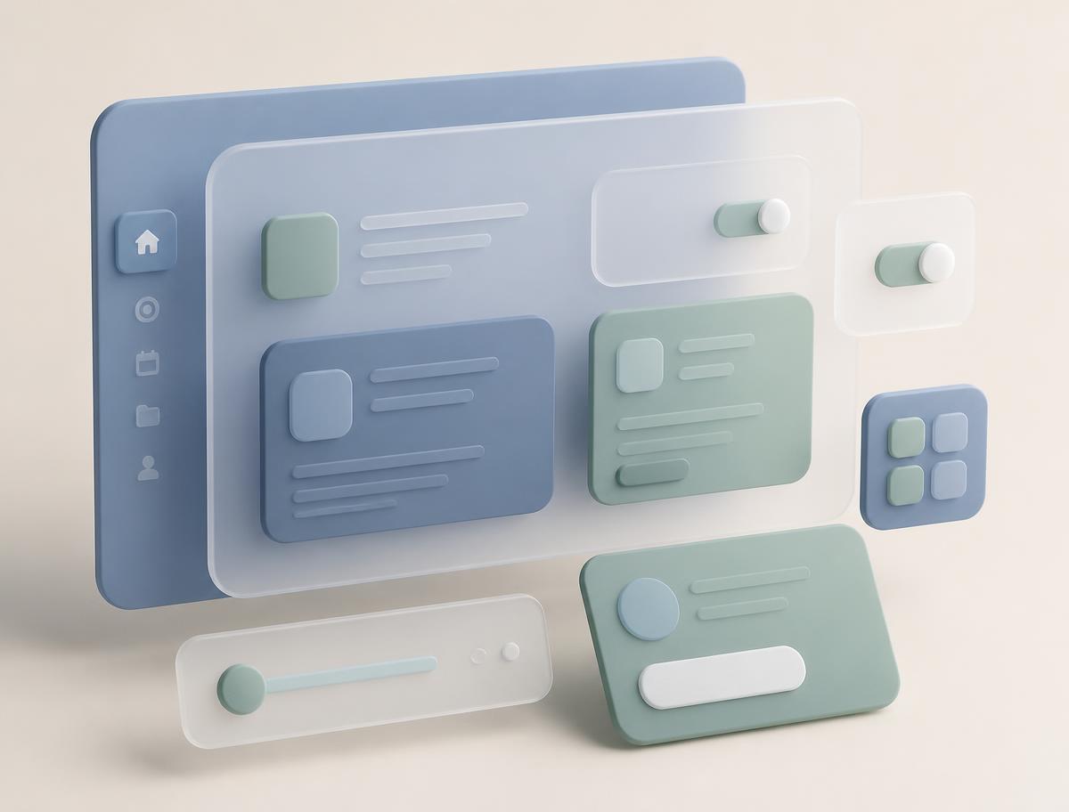 3D render of layered SaaS dashboard panels with toggle, slider and plan card objects