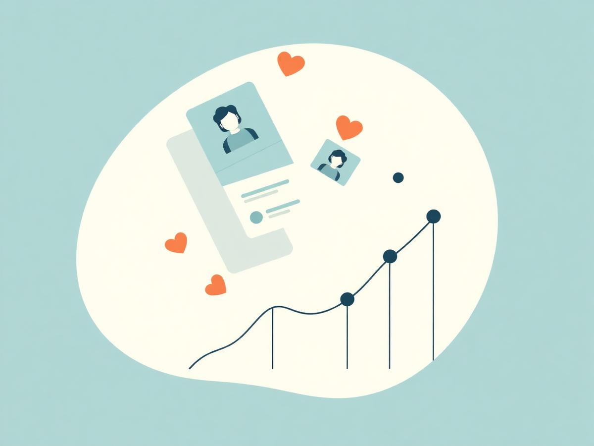 Abstract social feed cards with engagement hearts and an upward growth line illustrating social media marketing